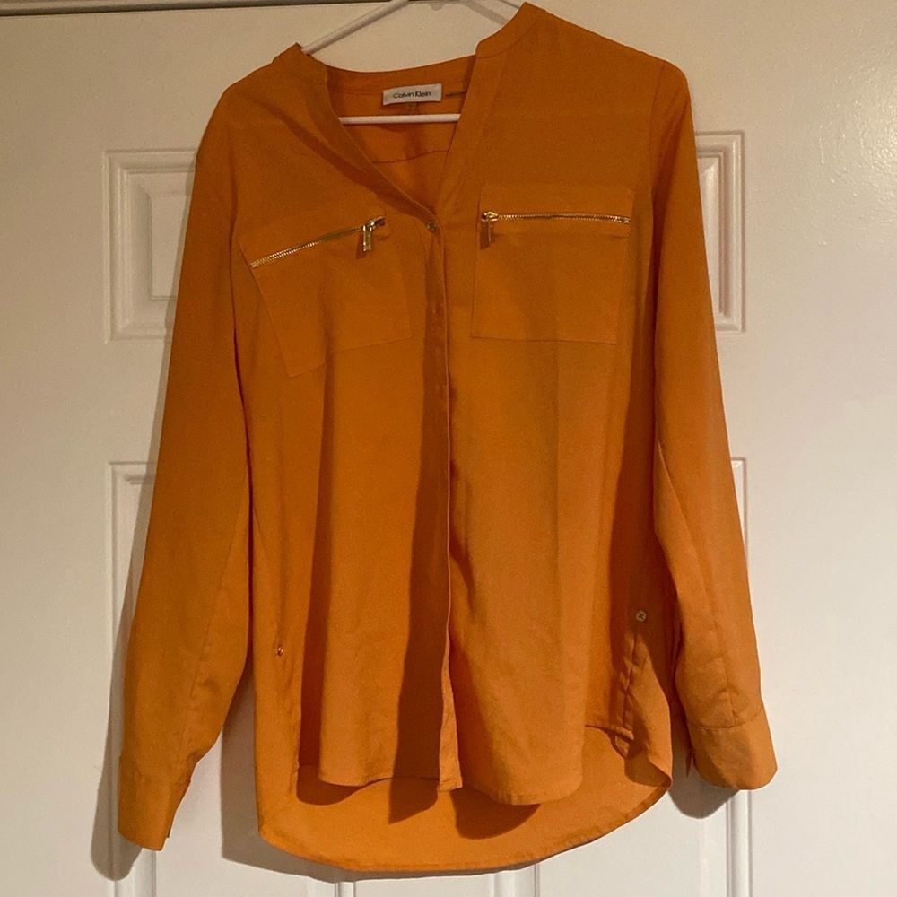 Calvin Klein Orange Button Up Blouse Zipper Pockets Size Small